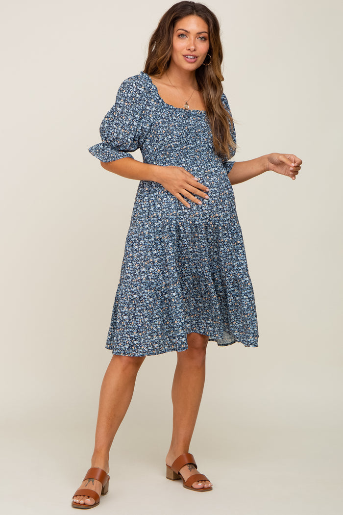 Black Floral Smocked Tiered Maternity Dress
