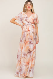 Peach Floral Chiffon Wrap Front Short Sleeve Maternity Maxi Dress