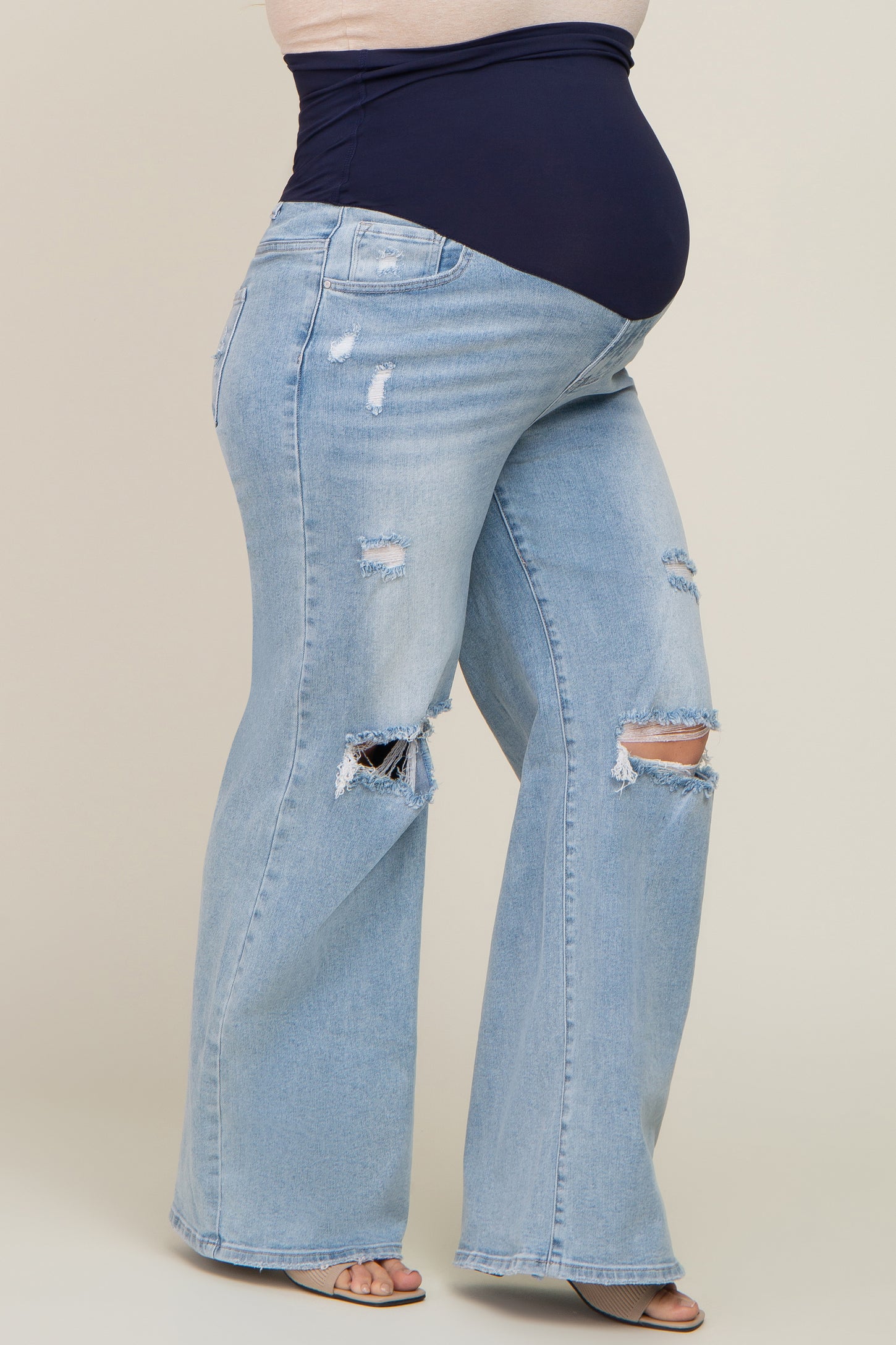 Light Blue Distressed Open Knee Wide Leg Maternity Plus Jeans