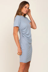 Slate Blue Ribbed Ruched Side Fitted Dress