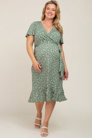 Olive Floral Wrap Front V-Neck Tied Waist Maternity Plus Dress