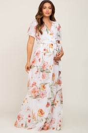 Ivory Floral Chiffon Wrap Front Short Sleeve Maternity Maxi Dress