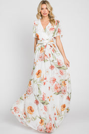Ivory Floral Chiffon Wrap Front Short Sleeve Maxi Dress