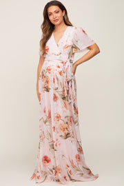 Pink Floral Chiffon Wrap Front Short Sleeve Maternity Maxi Dress