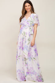 Lavender Tulip Floral Chiffon Wrap Front Short Sleeve Maternity Maxi Dress