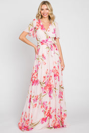 Pink Tulip Floral Chiffon Wrap Front Short Sleeve Maxi Dress