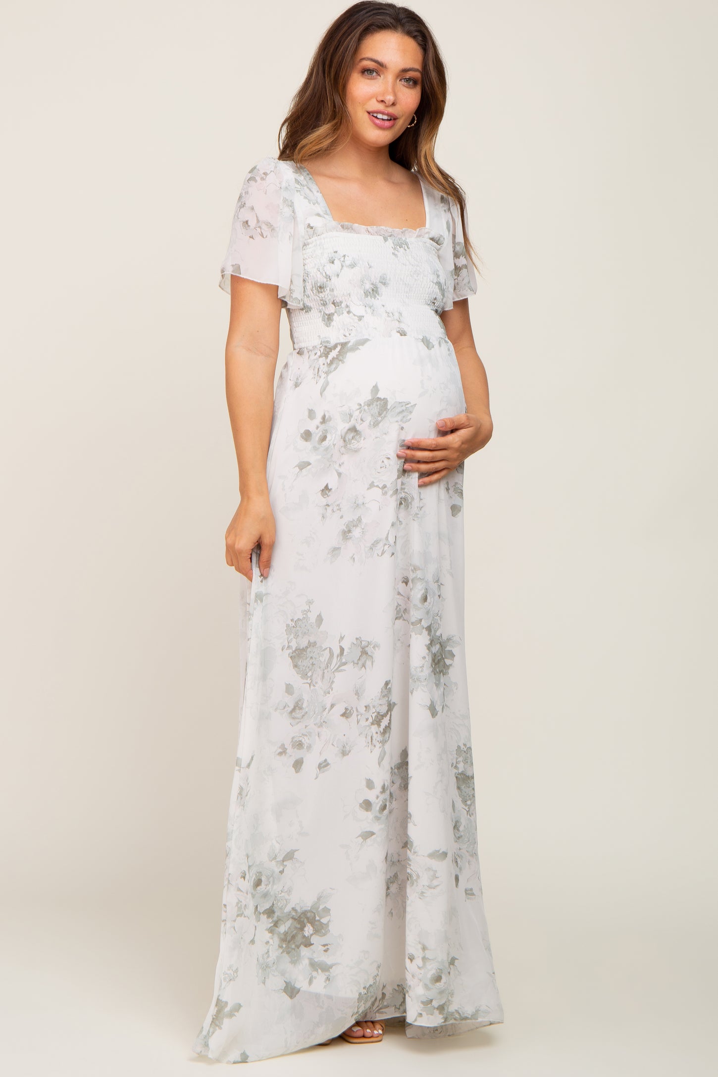 Mint Green Floral Chiffon Square Neck Smocked Maternity Maxi Dress