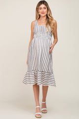 Blue Striped Sleeveless Ruffle Hem Maternity Midi Dress