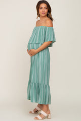 Green Striped Off Shoulder Maternity Jumpsuit