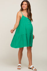 Green Front Button Tiered Maternity Dress