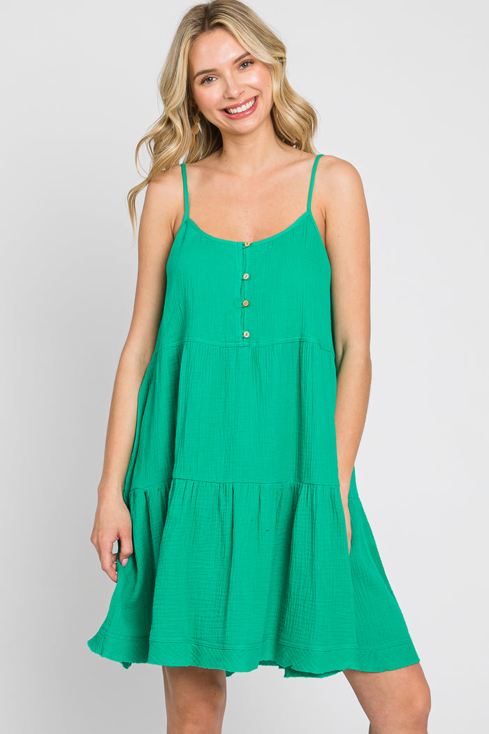 Green Front Button Tiered Maternity Dress