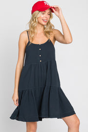 Navy Front Button Tiered Dress
