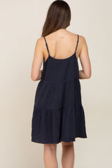 Navy Front Button Tiered Maternity Dress