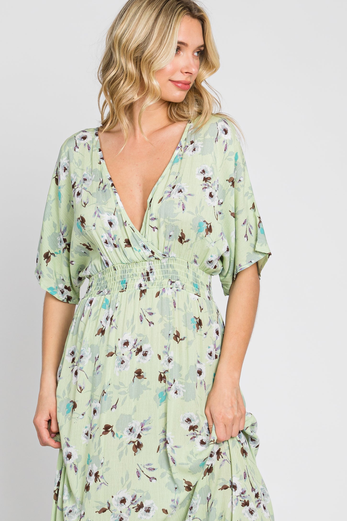 Lime Floral Wrap V-Neck Smocked Waist Maxi Dress
