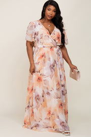 Peach Floral Chiffon Wrap Front Short Sleeve Plus Maxi Dress