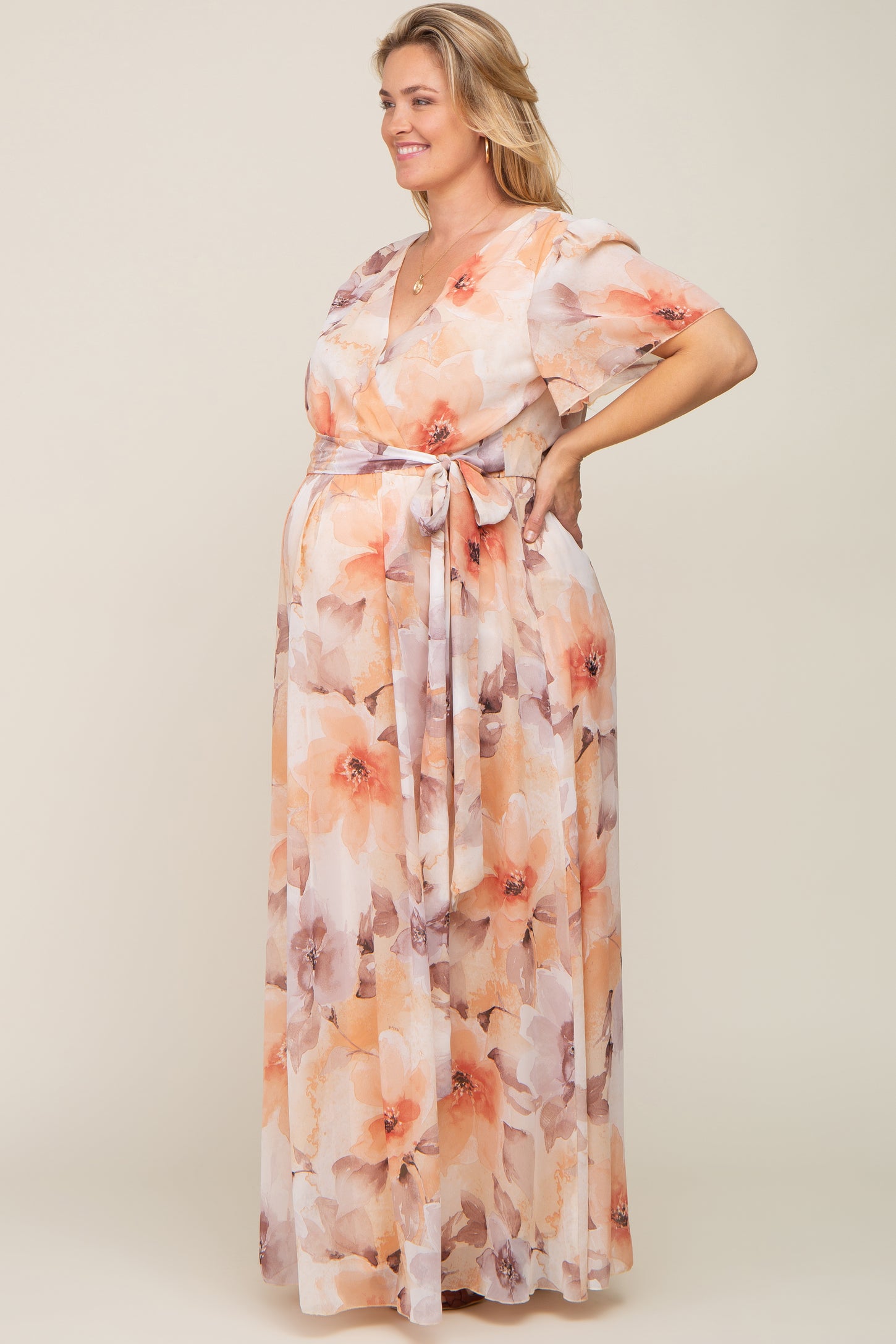 Peach Floral Chiffon Wrap Front Short Sleeve Maternity Plus Maxi Dress