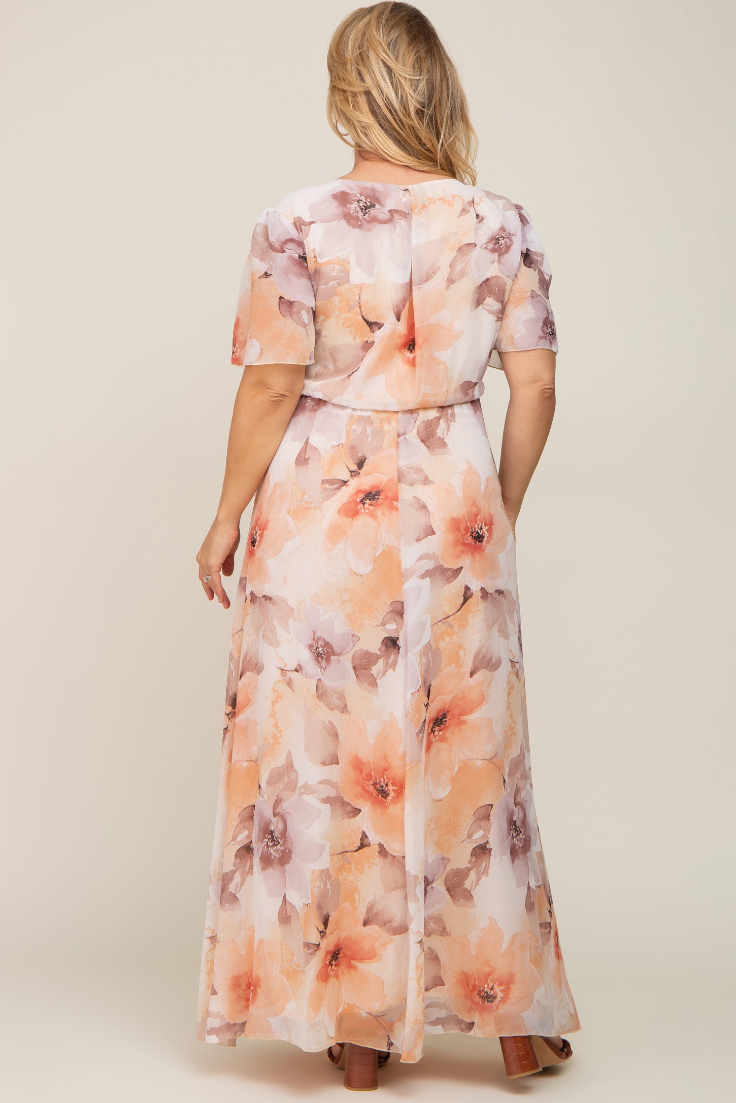 Peach Floral Chiffon Wrap Front Short Sleeve Maternity Plus Maxi Dress
