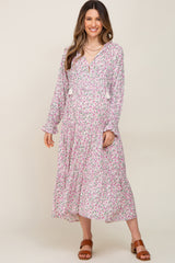 Pink Floral Front Tie Long Sleeve Tiered Maternity Midi Dress