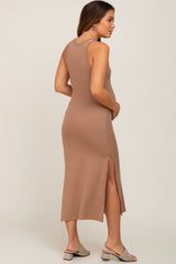 Mocha Ribbed Cutout Shoulder Side Slit Maternity Midi Dress