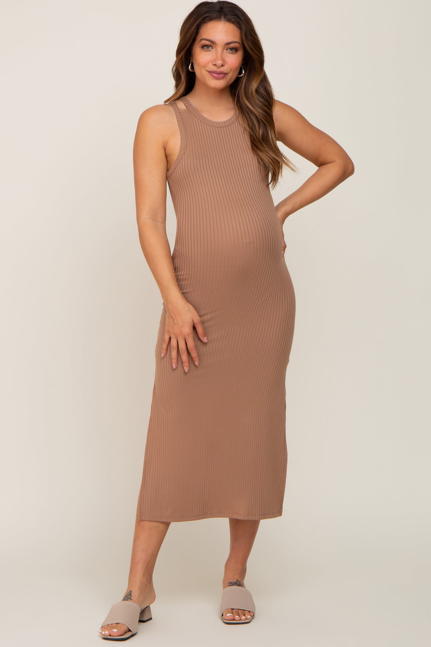 Mocha Ribbed Cutout Shoulder Side Slit Maternity Midi Dress