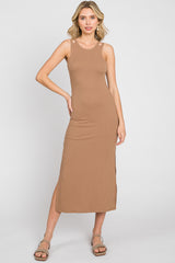 Mocha Ribbed Cutout Shoulder Side Slit Maternity Midi Dress