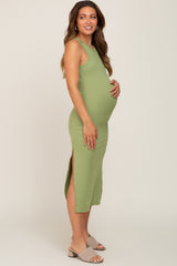 Green Ribbed Cutout Shoulder Side Slit Maternity Midi Dress