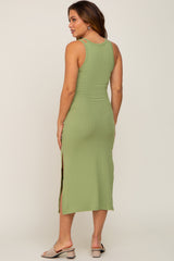 Green Ribbed Cutout Shoulder Side Slit Maternity Midi Dress