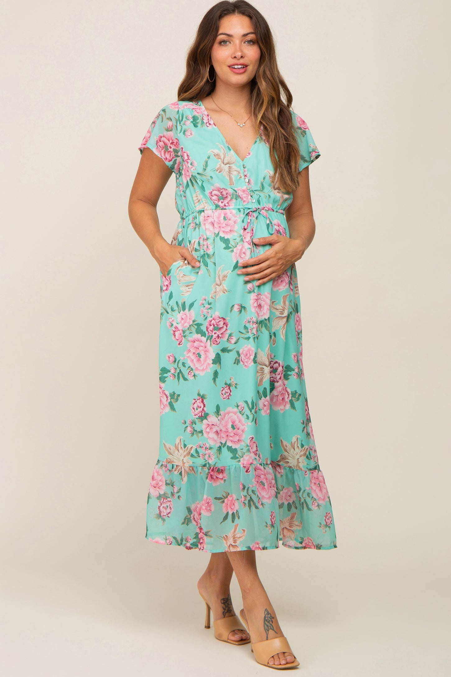Mint Multi-Color Floral Maternity Maxi Dress