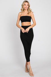 Black Ribbed Strapless Two Piece Skirt Set