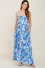 Blue Floral V-Neck Maternity Maxi Dress