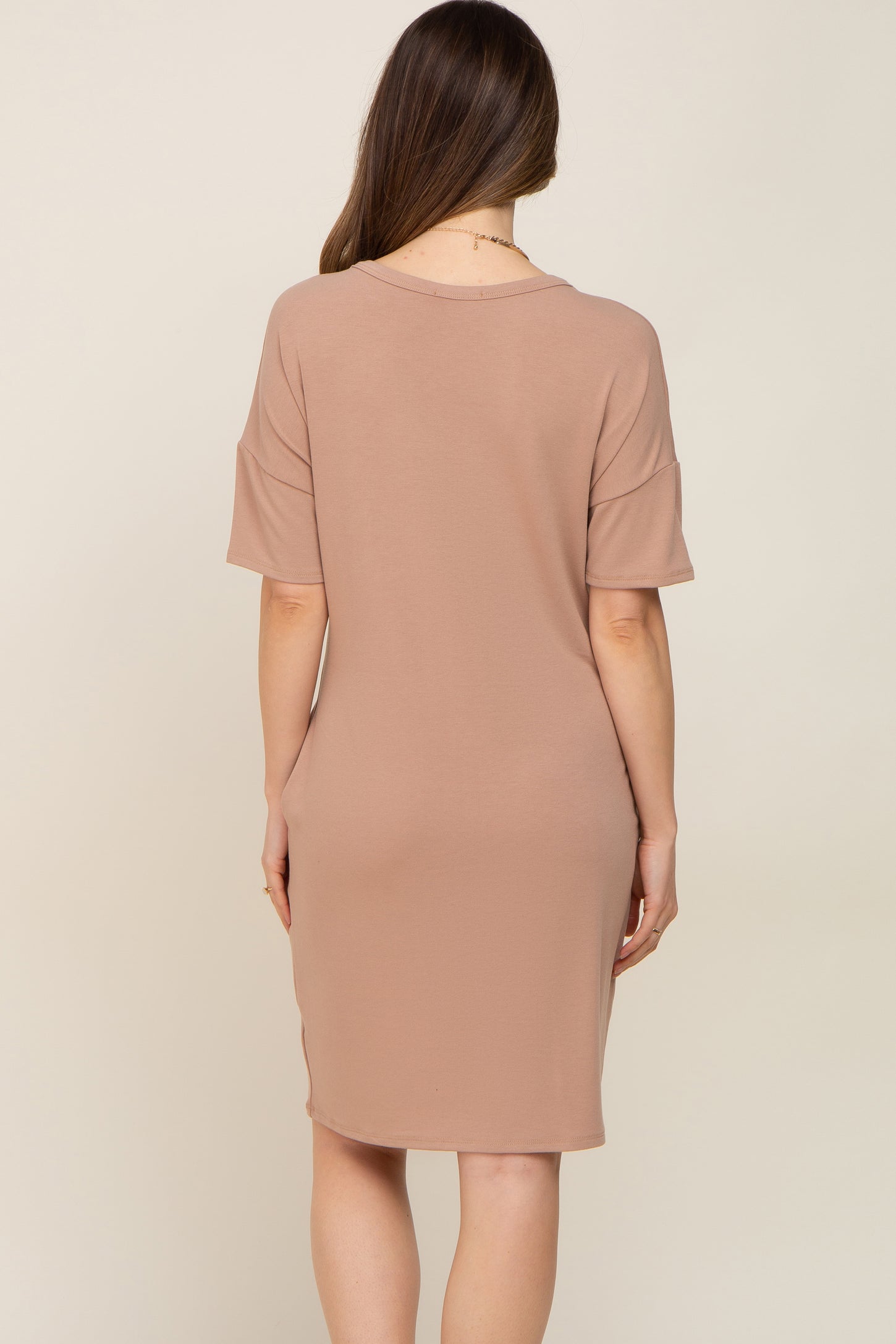 Taupe Button Accent Short Sleeve Maternity Dress