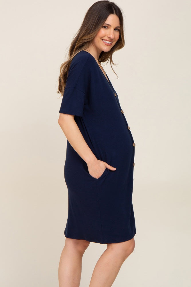 Navy Button Accent Short Sleeve Maternity Dress