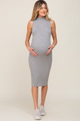 Heather Grey Ribbed Mock Neck Maternity Midi Dress