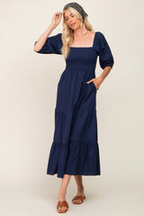 Navy Blue Square Neck Smocked Tiered Maxi Dress