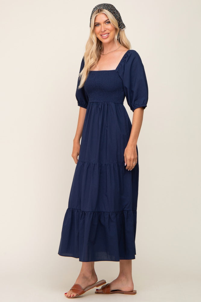 Navy Blue Square Neck Smocked Tiered Maxi Dress