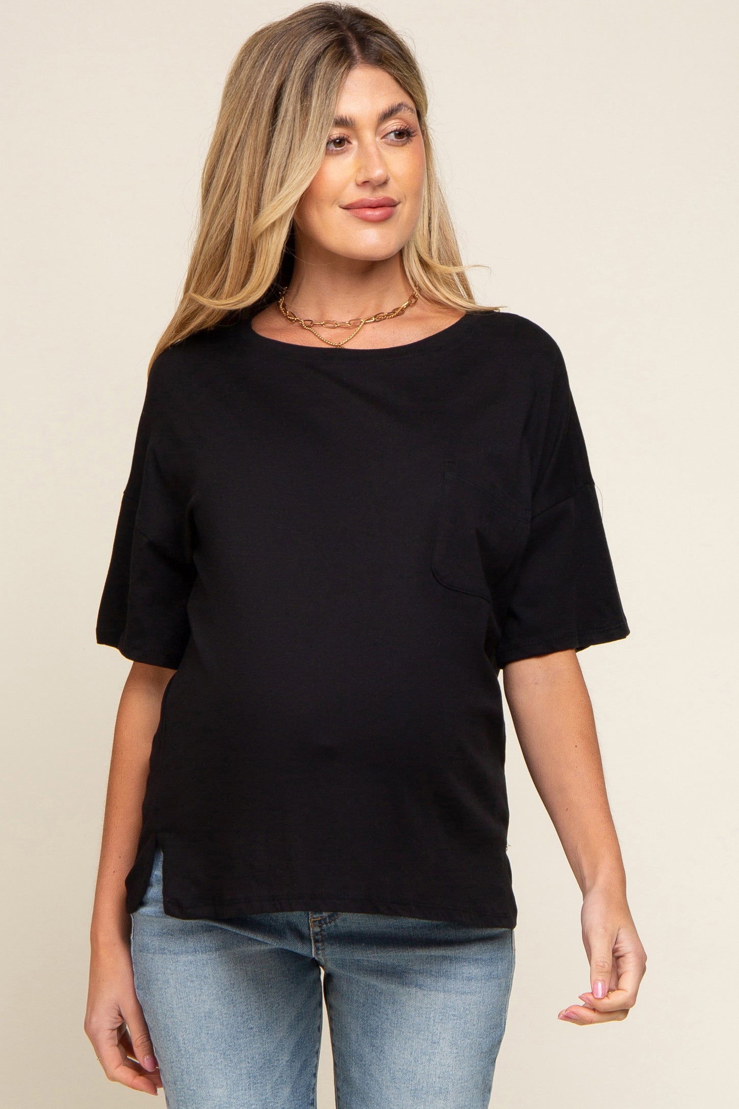 Black Short Sleeve Pocketed Maternity Top