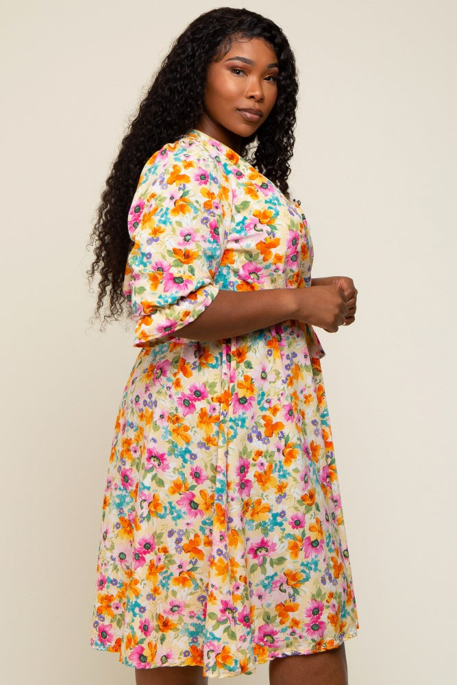 Yellow Floral 3/4 Sleeve Wrap Plus Dress