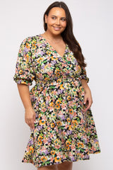 Black Floral 3/4 Sleeve Wrap Plus Dress