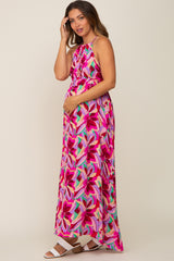Magenta Floral Halter Shirred Maternity Maxi Dress