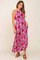 Magenta Floral Halter Shirred Maternity Maxi Dress