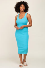 Aqua Ribbed Low Back Cut Out Sleeveless Maternity Midi Dress