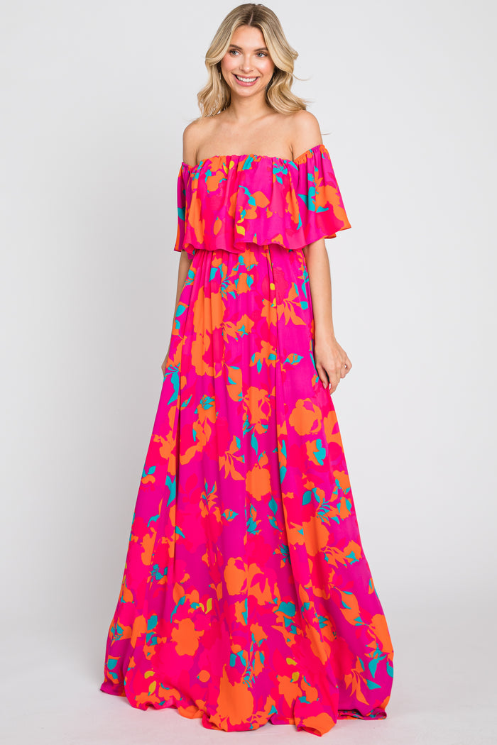 Fuchsia Floral Strapless Flounce Maternity Maxi Dress