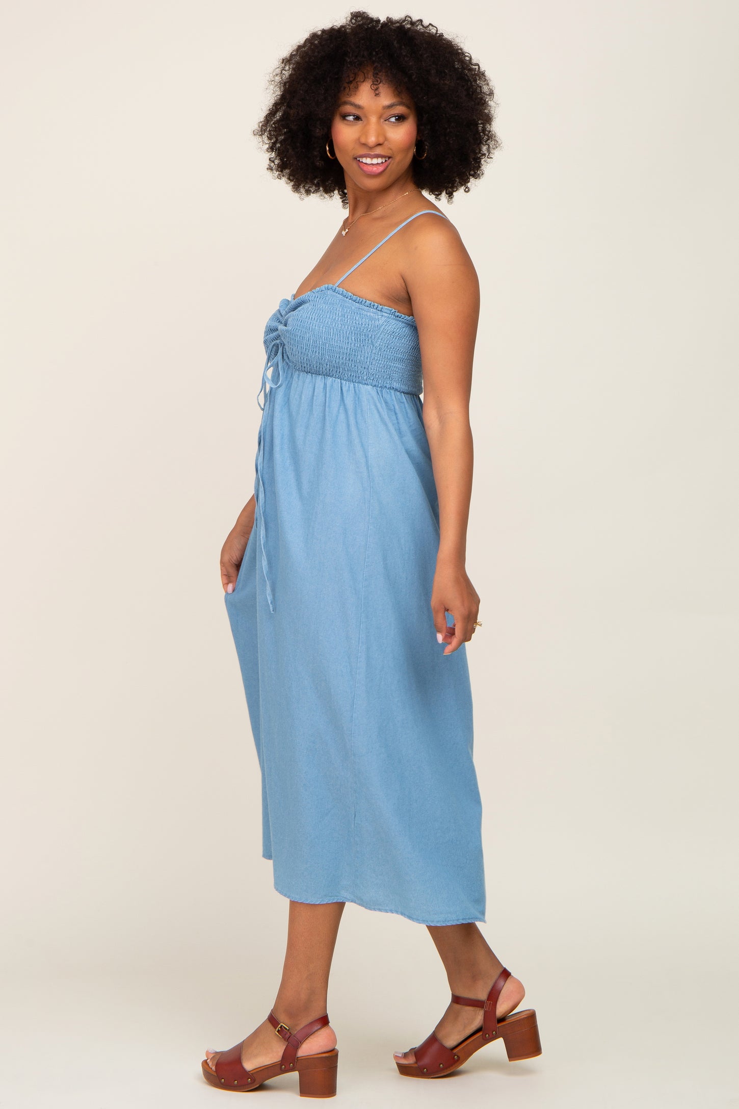 Blue Chambray Cinched Smocked Midi Dress