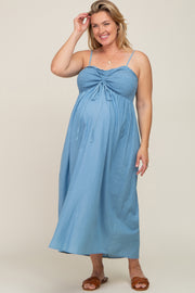 Blue Chambray Cinched Smocked Maternity Plus Size Midi Dress