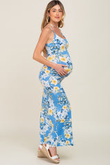 Blue Floral Sleeveless Maternity Maxi Dress