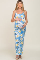 Blue Floral Sleeveless Maternity Maxi Dress