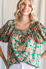 Green Floral Satin Smocked Accent Blouse