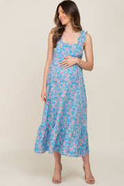 Light Blue Floral Square Neck Ruffle Strap Maternity Maxi Dress