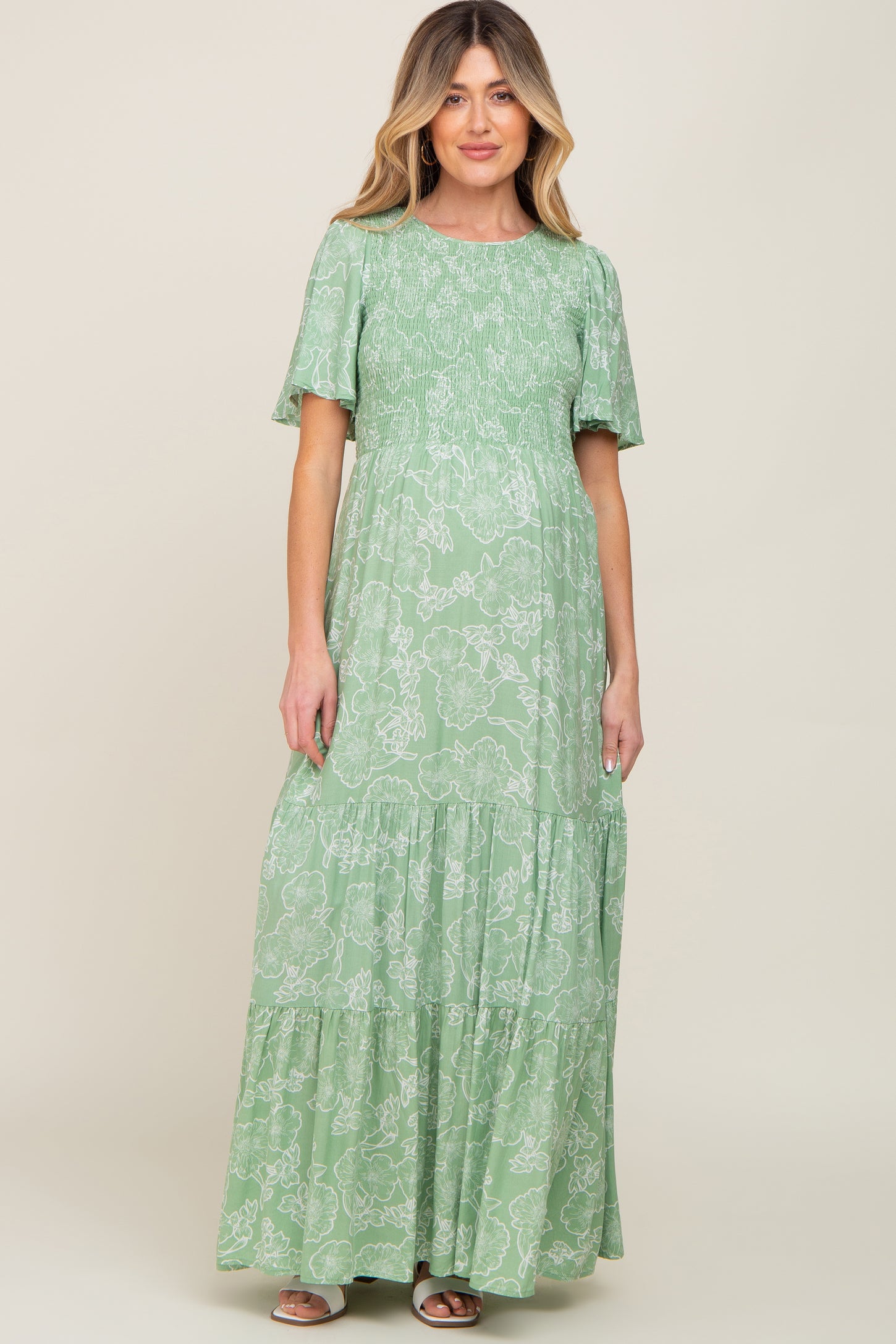Light Green Floral Flounce Sleeve Maternity Maxi Dress