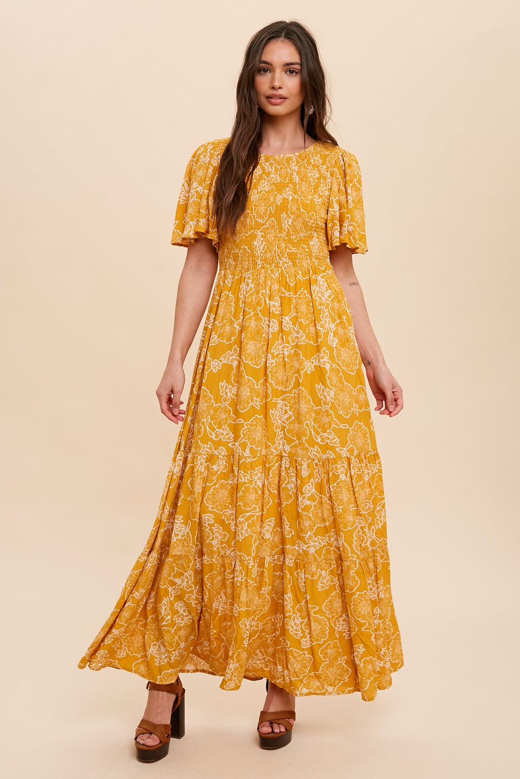 Yellow Floral Flounce Sleeve Maxi Dress